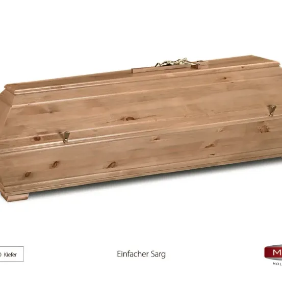 Ein hölzerner Sarg mit einfachem Design, beschriftet mit 'Einfacher Sarg', wird vor weißem Hintergrund gezeigt. Der Sarg ist aus hellem Holz gefertigt und verfügt über einen Scharnierdeckel und Messingbeschläge.