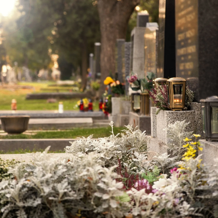 Ein Friedhof mit vielen Grabsteinen, Blumen und brennenden Laternen. Grüner Rasen und Bäume umgeben das Gelände.