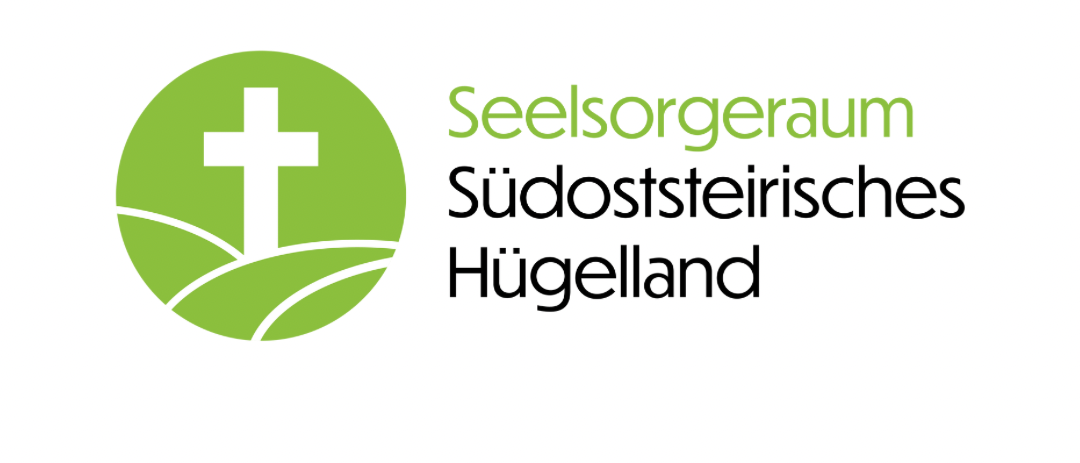 Logo für Seelsorgerraum Südsteierisches Hügelland. Es zeigt ein Kreuz in einem Kreis mit grünem Gras. Der Text ist in Grün geschrieben.