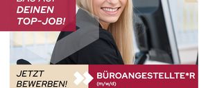 Eine lächelnde Frau in einem schwarzen Blazer steht vor einem Computer. Es gibt Texte, die 'BAu AUF DEINEN TOP-JOB!' und 'JETZT BEWERBEN!' mit einem Pfeil nach rechts lesen. Das Bild ist in einem roten Rahmen eingefasst.