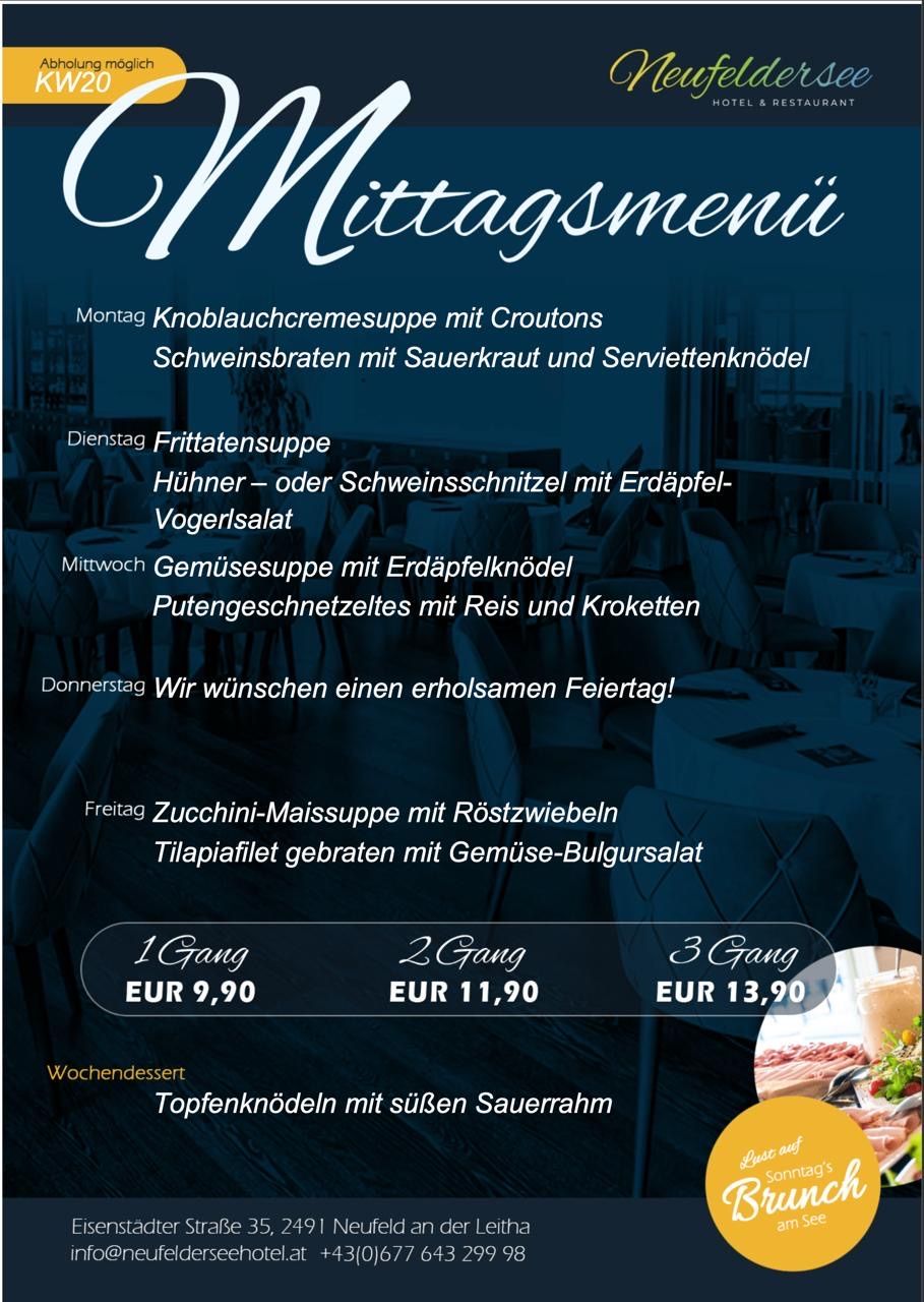 Das Tagesmenü bietet Knoblauchcremesuppe, Schweinebraten, Hähnchen oder Schweineschnitzel, Gemüsesuppe und mehr. Die Preise sind 9,90, 11,90 und 13,90 Euro. Wochenenddessert ist mit süßer Sauerrahm gekrönter Knödel.