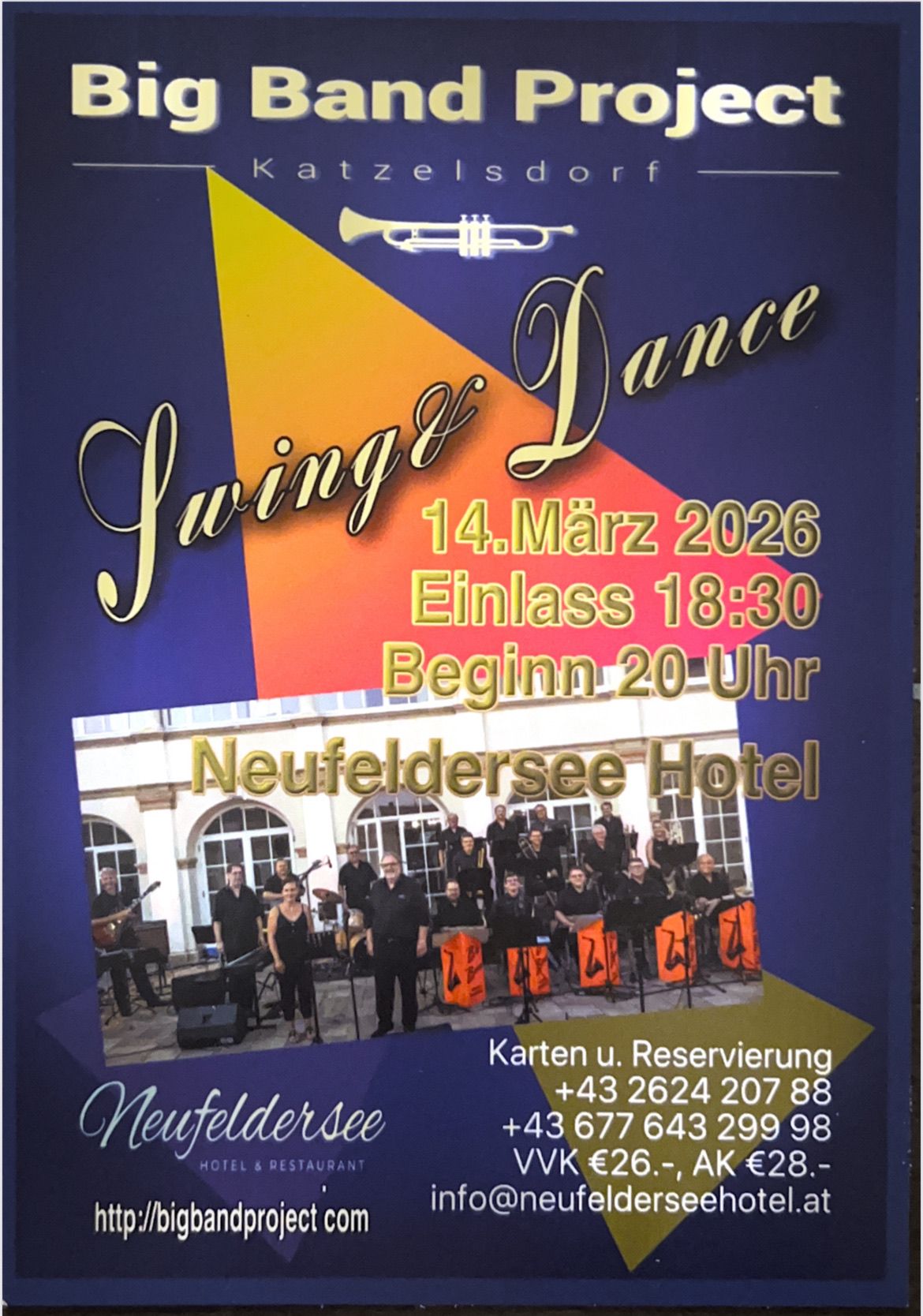Swing Dance event at Neufeldersee Hotel on March 14, 2026. Doors open at 18:30, show starts at 20:00. Image shows musicians performing.