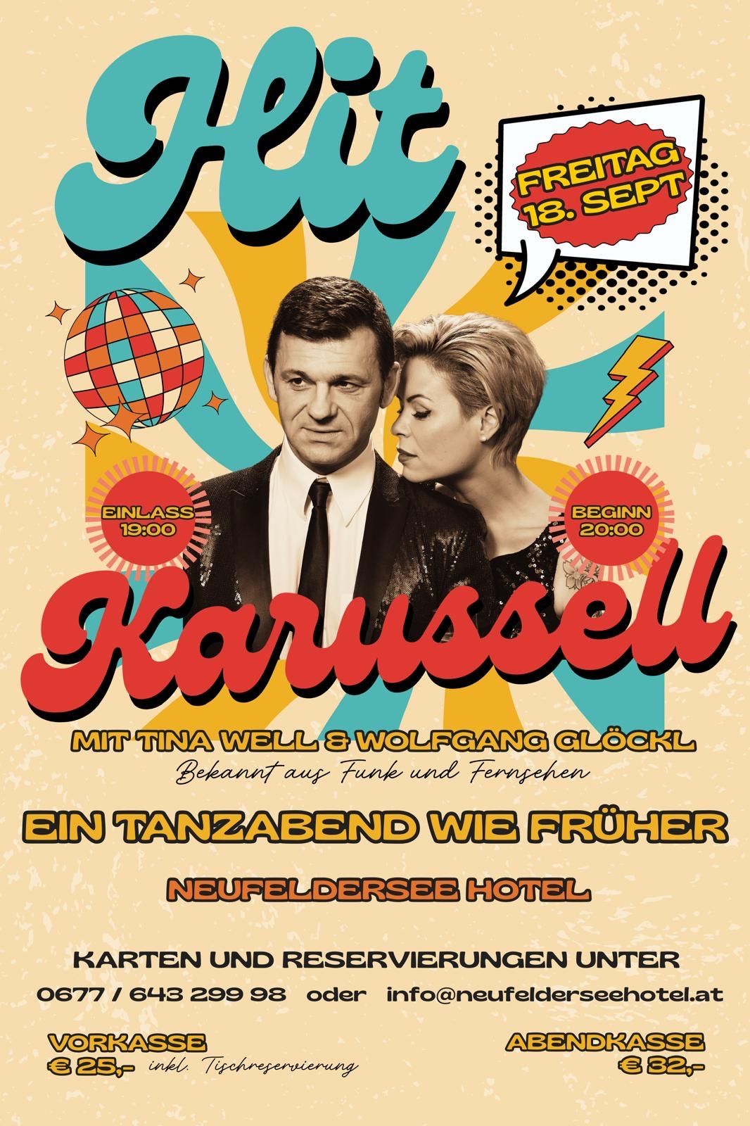Poster for a dance event featuring Tina Well and Wolfgang Glockl, with a vibrant design including a disco ball and lightning bolt, set at Neufeldersee Hotel.
