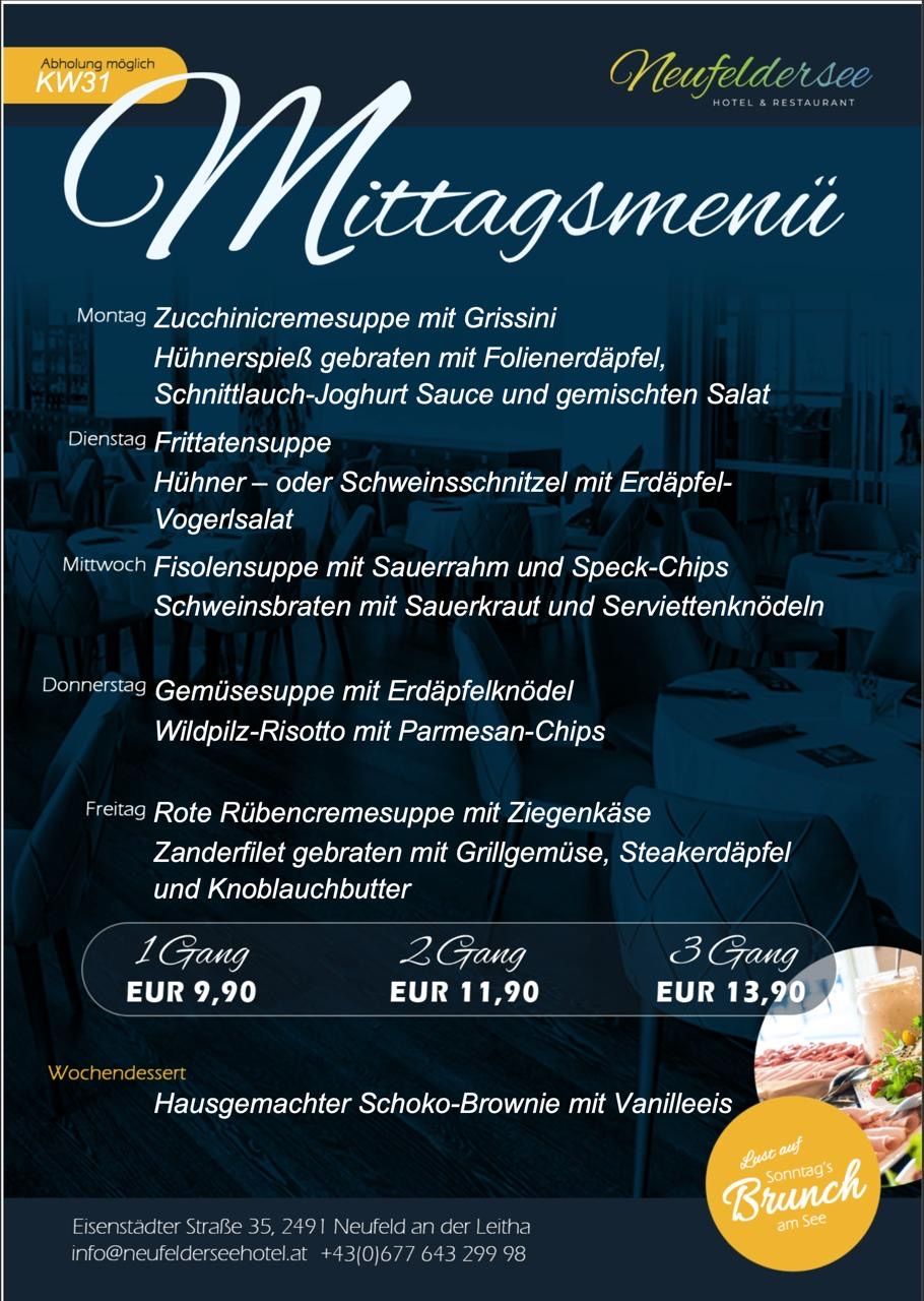 Ein wöchentliches Menüposter mit Gerichten für jeden Wochentag, einschließlich Suppe, Hauptgericht und Dessertoptionen. Das Menü ist auf einem dunkelblauen Hintergrund mit weißem Text dargestellt. Preise für eins, zwei und drei Gänge sind aufgeführt.