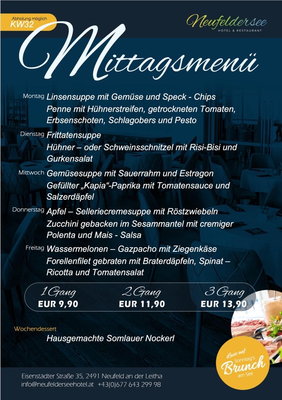 Ein wöchentliches Menü eines Restaurants mit verschiedenen Gerichten für jeden Tag, einschließlich Suppen, Nudeln und Desserts, zusammen mit ihren Preisen.