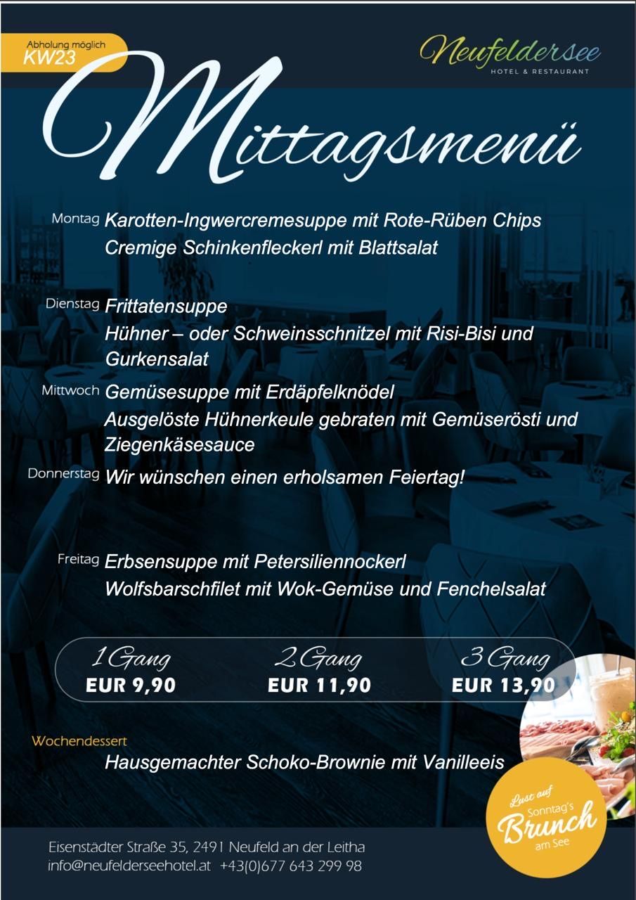 Menu for the day includes carrot-ginger cream soup with red beet chips and creamy ham slices with leaf salad on Monday. Friday offers pea soup with parsley dumplings and wolffish fillet with wok vegetables and fennel salad. Prices: 1 course EUR 9.90, 2 courses EUR 11.90, 3 courses EUR 13.90.