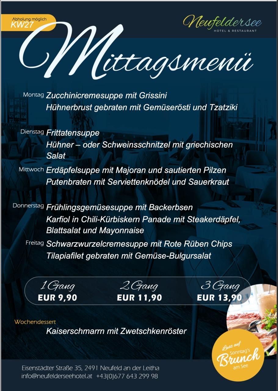 Mittwochsmenü beinhaltet Zucchinicremesuppe mit Grissini, Hühnerbrust gebraten mit Gemüserösti und Tzatziki. Dessert Kaiserschmarrn mit Zwetschkenröster.