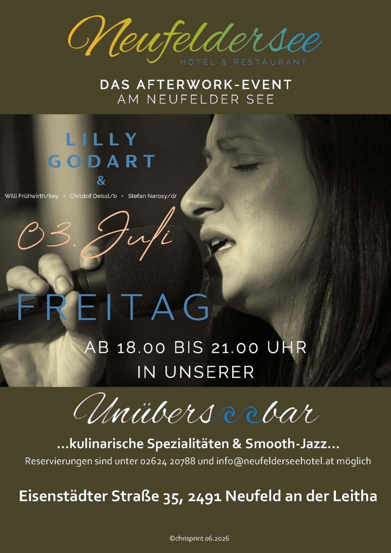 Eine Werbung für ein Afterwork-Event mit Lilly Godart und anderen, geplant für den 3. Juli am Neufelder See. Beginn um 18 Uhr und Ende um 21 Uhr.