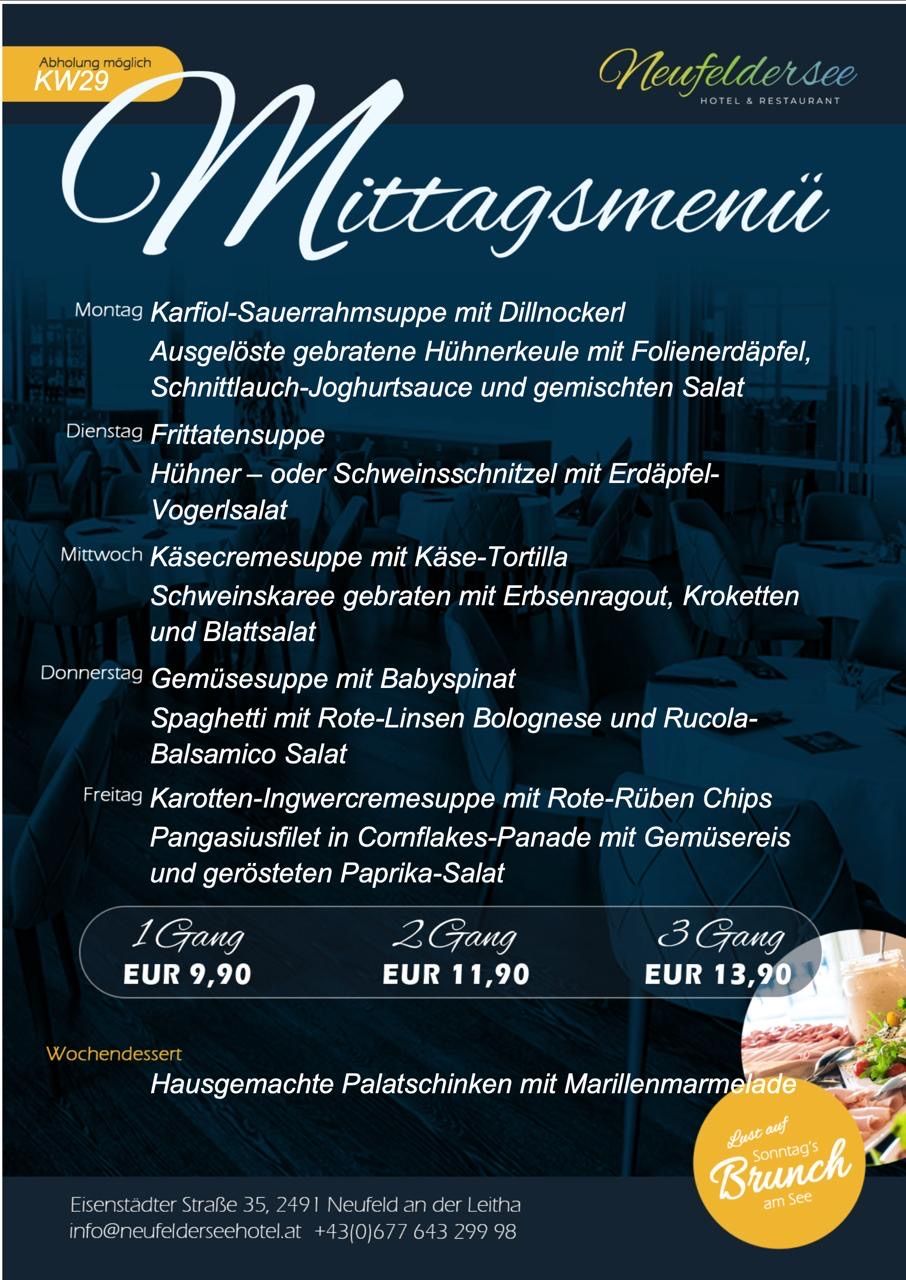 A menu poster with a blue background showcasing a week's worth of meals including soup, chicken, and vegetables. Each day has a different dish listed with its price.