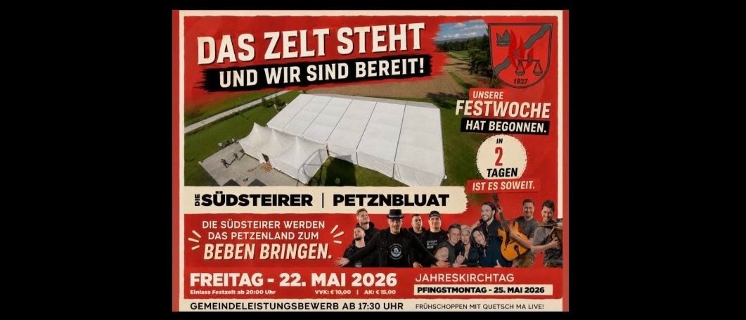 Werbeplakat für Sudsteirer Petznblut, ein Musikfestival in Österreich. Termine für die Veranstaltung am 22. und 25. Mai 2026. Eintrittspreise und Festivaldetails sind aufgeführt.