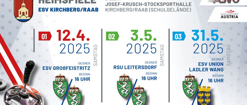 Das Sportereignis-Poster zeigt drei Spiele mit Teams und Daten. Das erste Spiel ist zwischen Kirchberg/Raab und Großfeistritz am 12. April 2025 um 16:00 Uhr. Das zweite Spiel ist zwischen Kirchberg/Raab und RSU Leitersdorf am 3. Mai 2025 um 16:00 Uhr. Das dritte Spiel ist zwischen Kirchberg/Raab und La am 3. Mai 2025 um 16:00 Uhr.