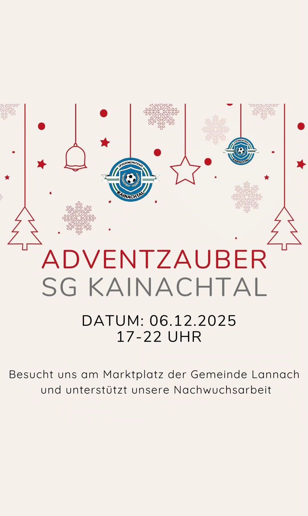 Plakat für das Adventzauber SG Kainachtal Event. Datum: 6. Dezember 2025, 17-22 Uhr. Besuch am Marktplatz der Gemeinde Lannach und Unterstützung der Wachstumsaktivitäten.