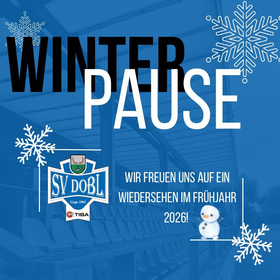 A blue background displays 'Winter Pause' in bold letters with snowflakes. Below, it reads 'We look forward to seeing you in the spring of 2026!' featuring a snowman. Empty seats are in the background.