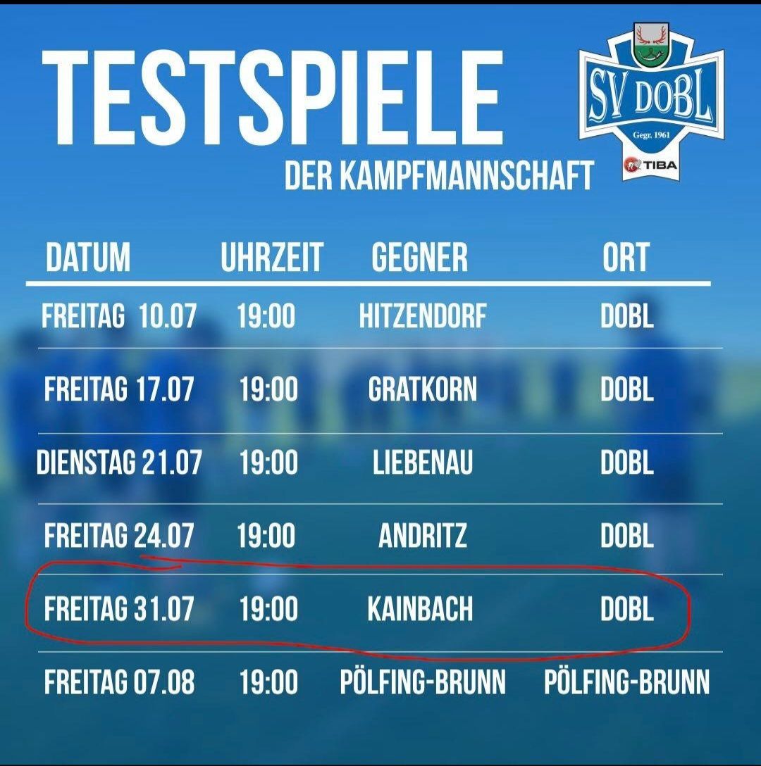 Testspiele der Kampfmannschaft des SV Dobel mit Gegnern und Orten
