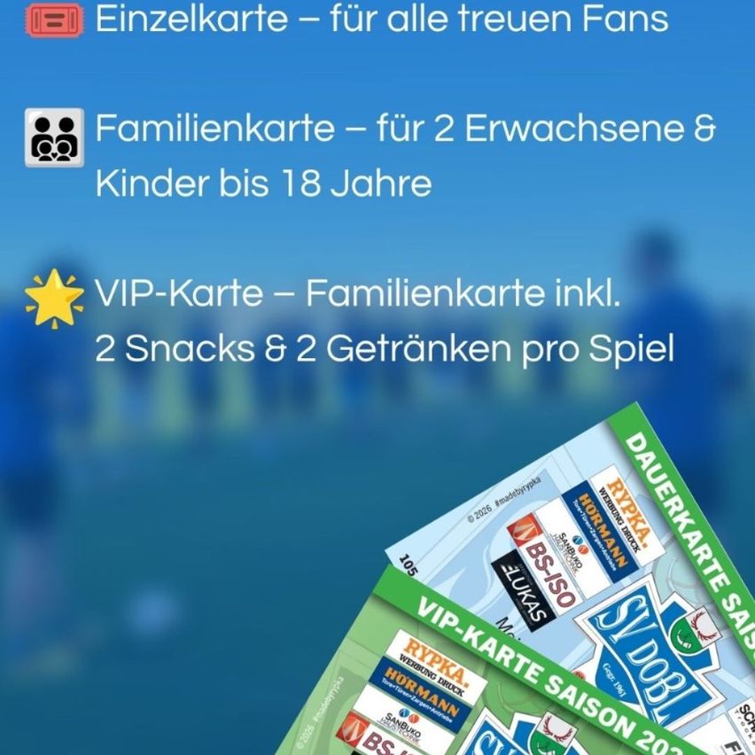 Ein Plakat, das verschiedene Arten von Tickets für eine Veranstaltung anbietet, einschließlich Einzel-, Familien- und VIP-Tickets. Das VIP-Ticket beinhaltet 2 Snacks und 2 Getränke pro Spiel.