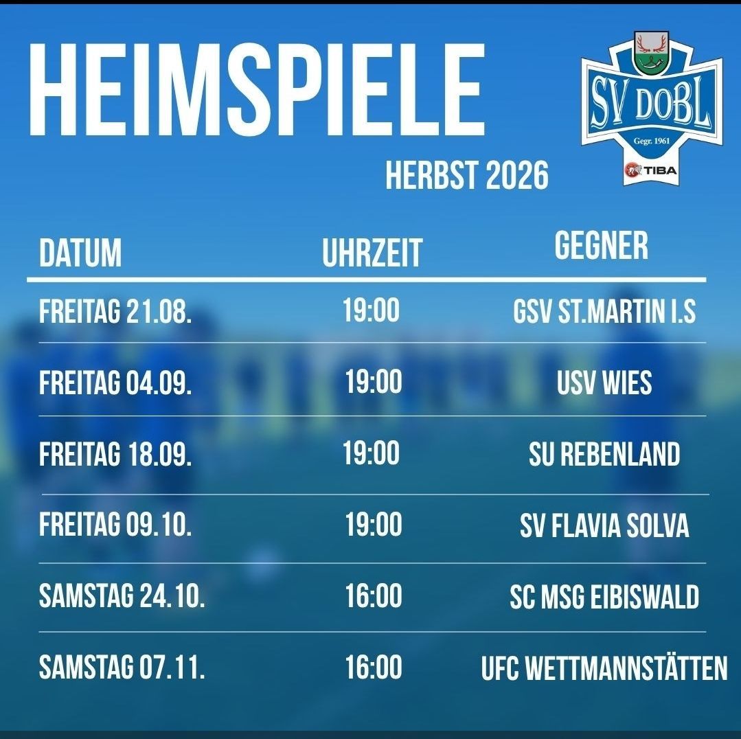 Ein blaues Plakat mit einem Sportplan für Herbst 2026. Es listet Daten, Zeiten und Gegner für verschiedene Spiele auf.