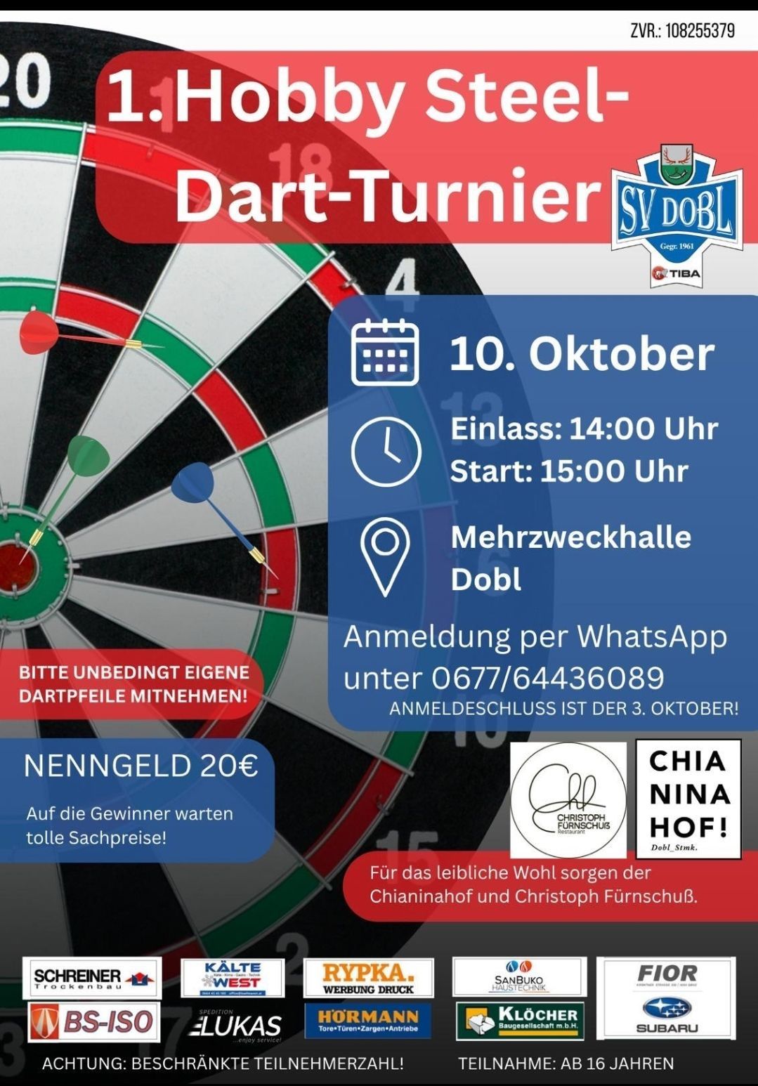Dart-Turnier-Plakat mit Dartscheibe, Datum, Uhrzeit, Ort und Anmeldeinformationen. Teilnahmegebühr 20€. Preise für Gewinner. Anmeldung schließt am 3. Oktober.