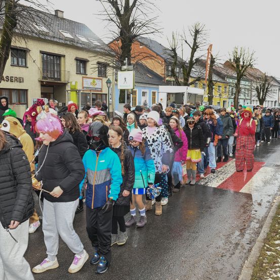 Eine Menschenmenge in Kostümen steht auf der Straße, einige tragen Hüte und Brillen. Im Hintergrund befinden sich Gebäude und Bäume.
