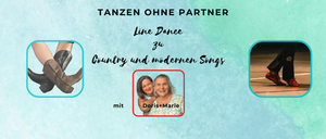 Plakat für Line-Dance-Kurs. Zeigt zwei Frauen und zwei Tänzer. Der Text lautet 'TANZEN OHNE PARTNER'. Die Lehrerinnen sind Doris und Marie. Musik umfasst Country- und moderne Songs.
