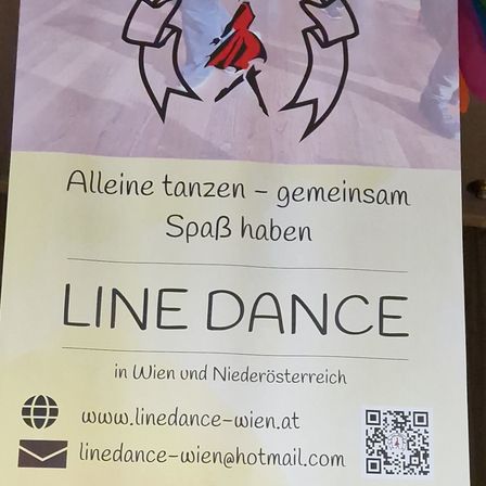 Plakat für Line Dance Kurse in Wien und Niederösterreich. Zeigt eine tanzende Person und Text auf Deutsch. QR-Code und Kontaktdaten sind vorhanden.