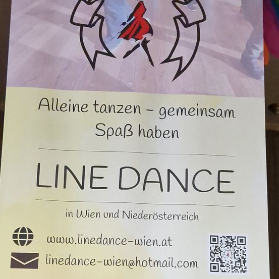 Plakat für Line Dance Kurse in Wien und Niederösterreich. Zeigt eine tanzende Person und Text auf Deutsch. QR-Code und Kontaktdaten sind vorhanden.