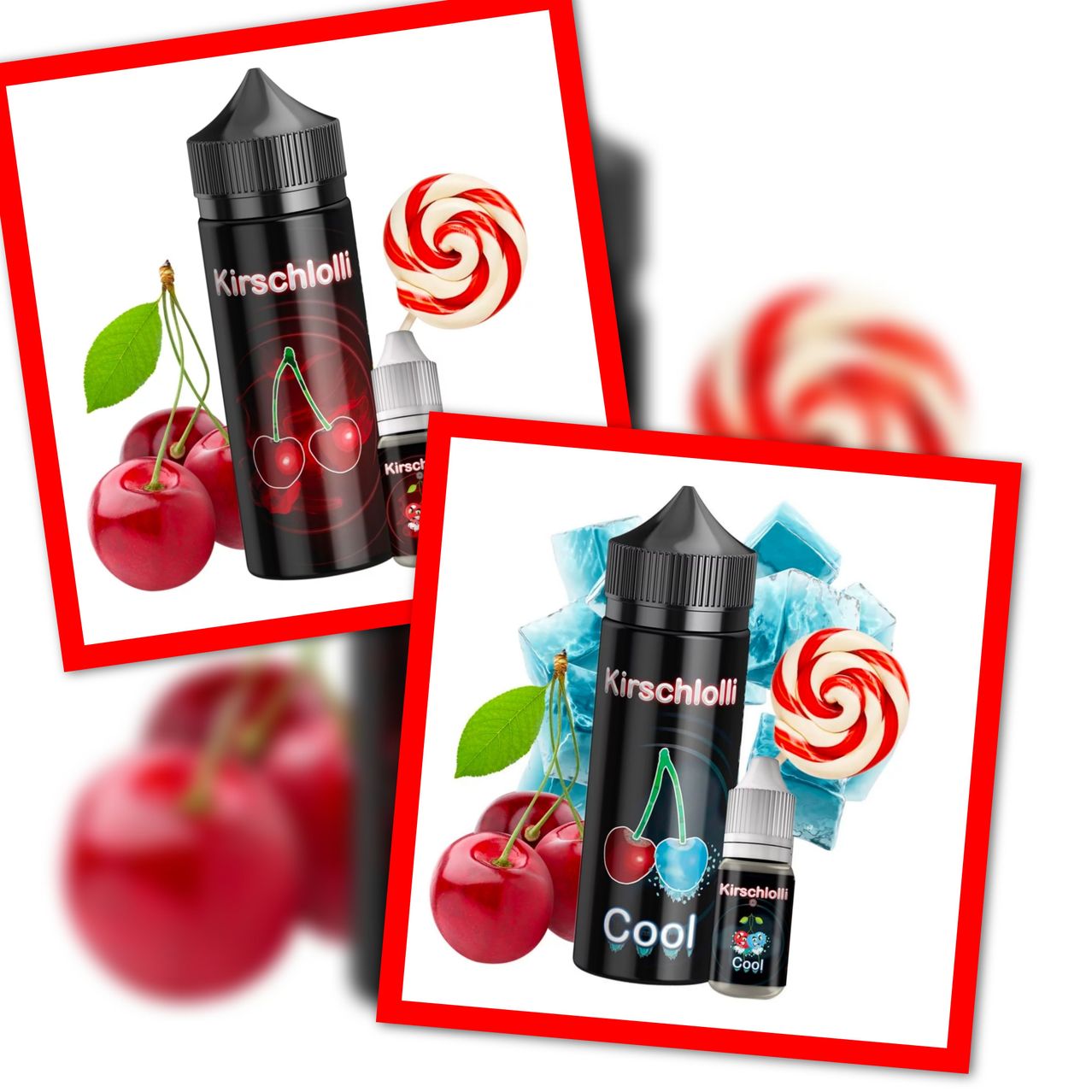 Zwei Bilder zeigen schwarze Flaschen mit dem Wort Kirschloli, Kirschen und Lollipops. Ein Bild hat Kirschen und einen Lollipop, während das andere Kirschen und Eiswürfel hat.