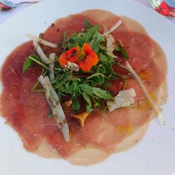 Ein weißer Teller mit einer runden Platte dünner Prosciutto-Schinkenscheiben, garniert mit grünem Salat, einer roten Blume und anderen Zutaten.