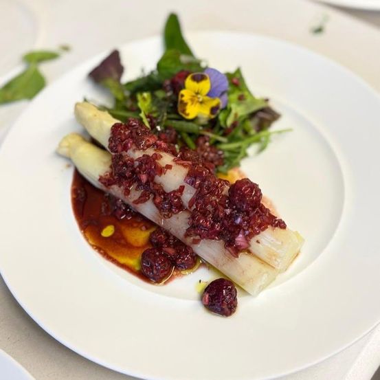 Ein weißer Teller mit zwei Spargelstangen, überzogen mit roter Sauce, begleitet von einem grünen Salat mit gelben und lila Blüten.