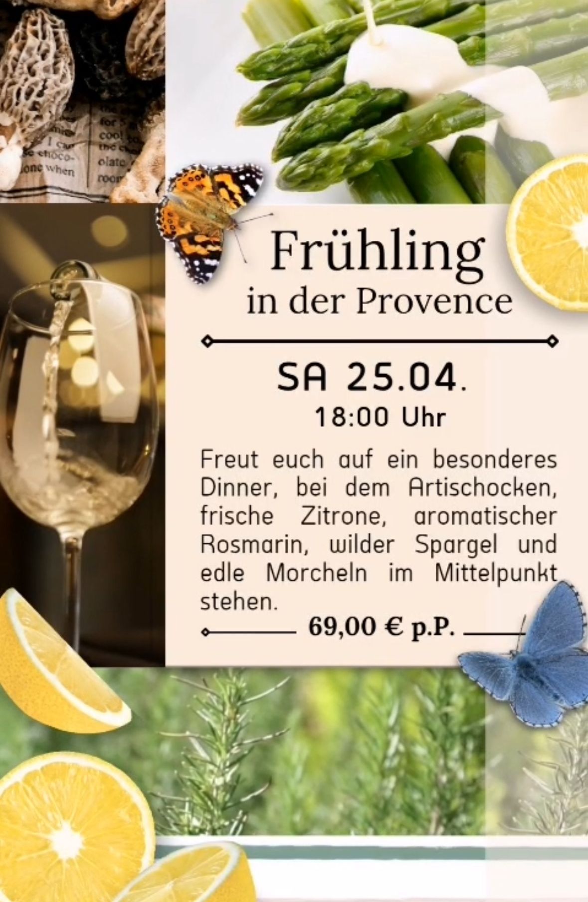 An advertisement for a special dinner in Provence on April 25th at 18:00. Features wine glass, lemons, asparagus, and rosemary. Price is 69 Euros per person.