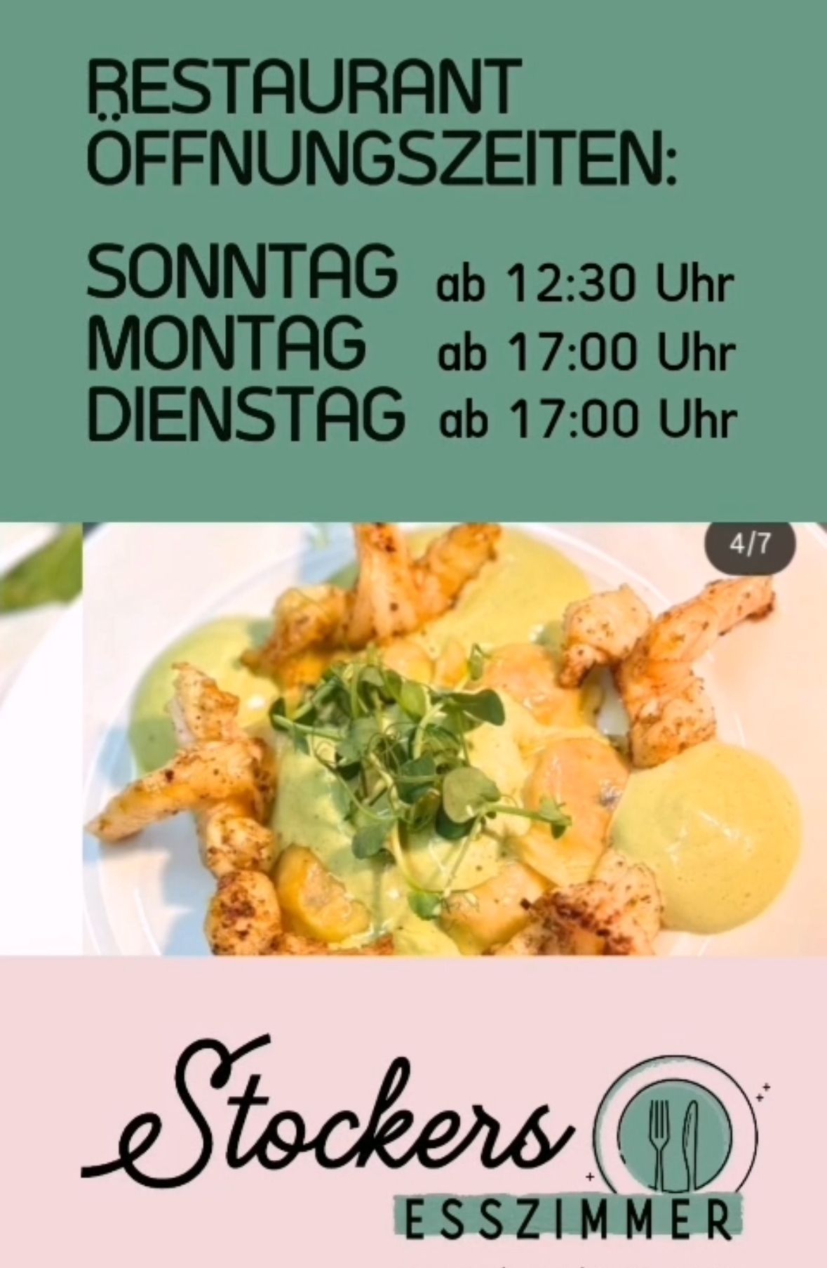 A plate of crispy shrimp garnished with green herbs and sauce, with a green background. Opening times: Sunday 12:30, Monday 17:00, Tuesday 17:00.