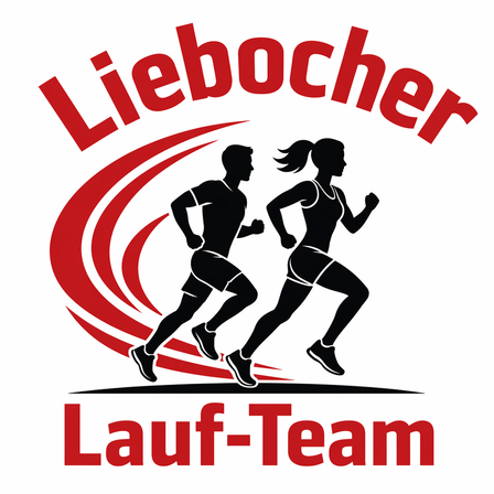 Ein Logo mit einem Mann und einer Frau, die in einer Welle laufen, beschriftet mit 'Liebocher Lauf-Team'.