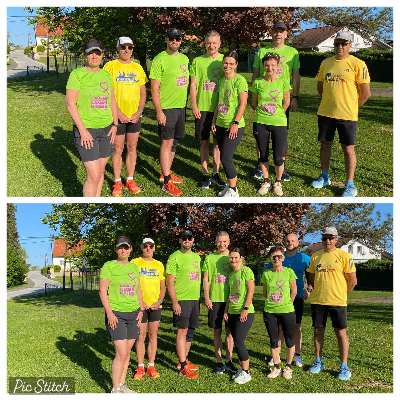 Eine Gruppe von acht Personen in grünen T-Shirts steht in einem Park für ein Foto.