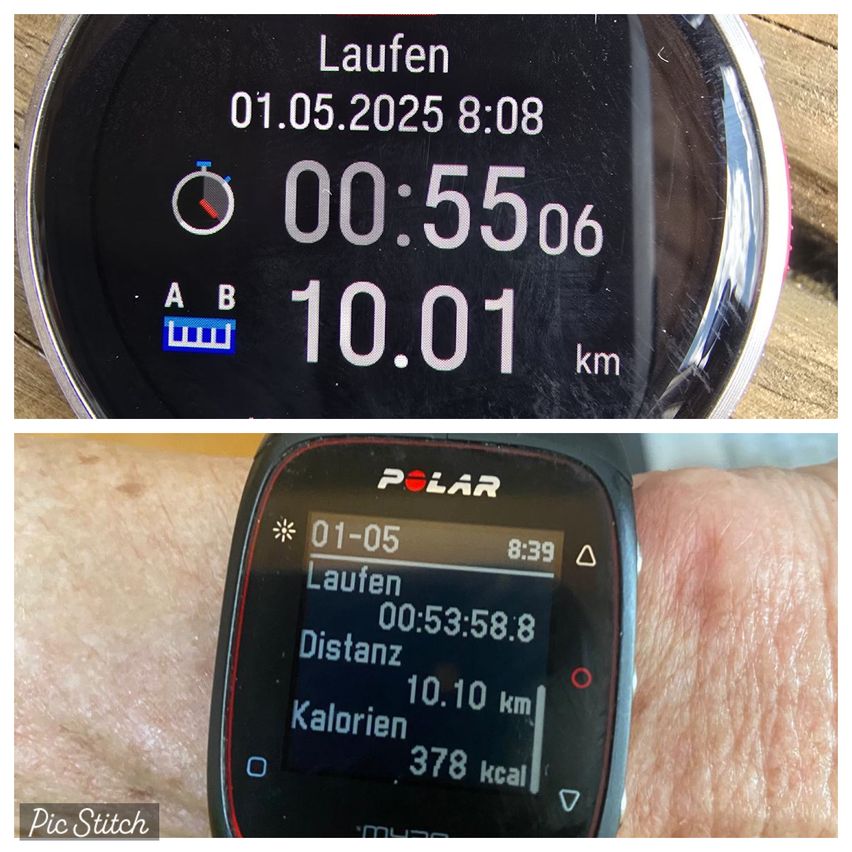 Eine Polar-Uhr zeigt einen Lauf vom 01.05.2025 um 8:08 Uhr, der 55 Minuten und 6 Sekunden dauerte und 10,01 Kilometer zurücklegte.