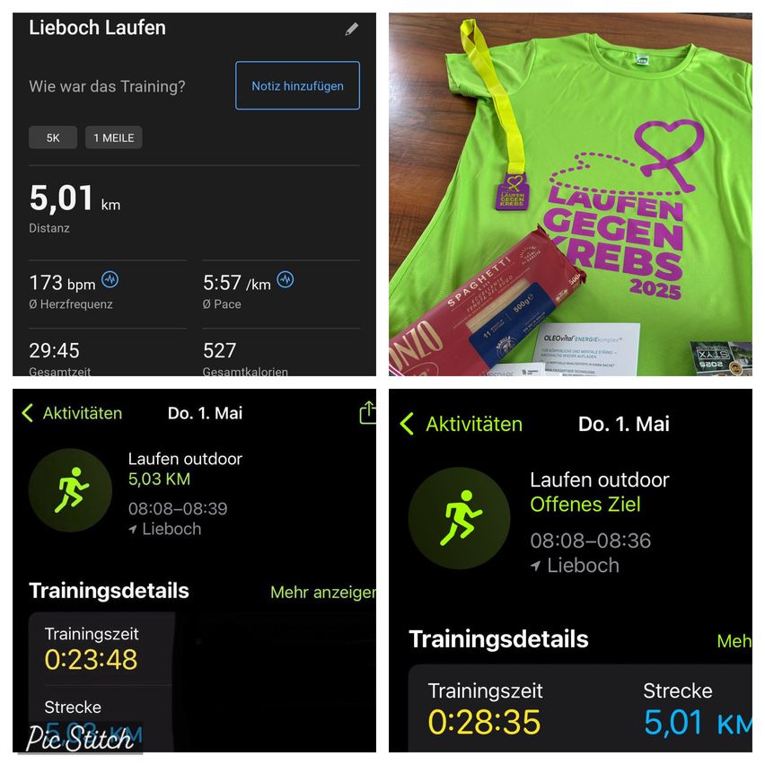 Eine Collage von Bildern zeigt eine Lauftrainings-App, ein grünes Laufshirt mit einer Schleife, eine Packung Pasta und zwei Bildschirme mit Trainingsdetails und Aktivitäten.