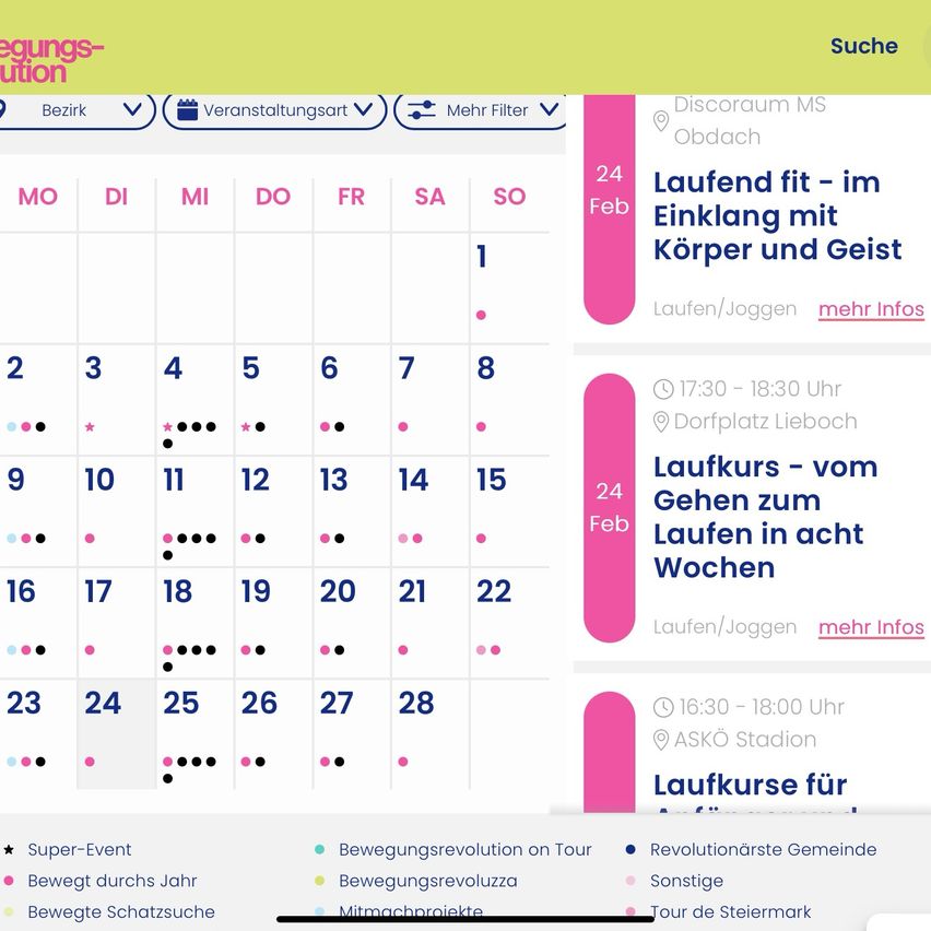 Das Bild zeigt einen Kalender mit Datumsangaben vom 1. bis 28. Februar, zusammen mit mehreren Veranstaltungen und Zeiten. Jedes Datum ist nummeriert, und einige sind mit Sternen hervorgehoben. Zu den Veranstaltungen gehören Lauf- und Joggingaktivitäten zu verschiedenen Zeiten und Orten. Der Kalender hat einen grünen und weißen Hintergrund.