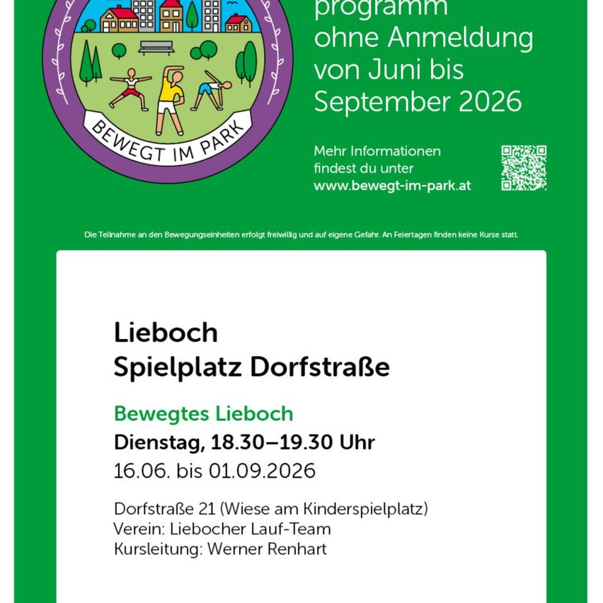 Poster for a free park workout program without registration from June to September 2026. Details at www.bewegt-im-park.at.