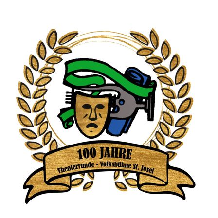 Ein Logo zum 100-jährigen Jubiläum von Theaterrunde in der Volksbühne St. Josef, mit einer Maske und einer Schleife mit einem Lorbeerkranz.