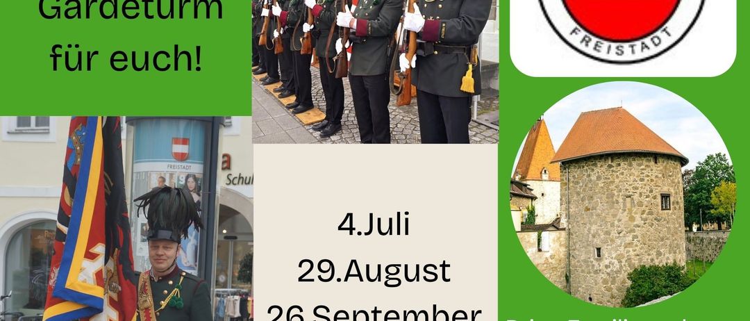 Plakat mit Militärparade, Daten und Einladung, mit Familie und Freunden um 17 Uhr dabei zu sein.