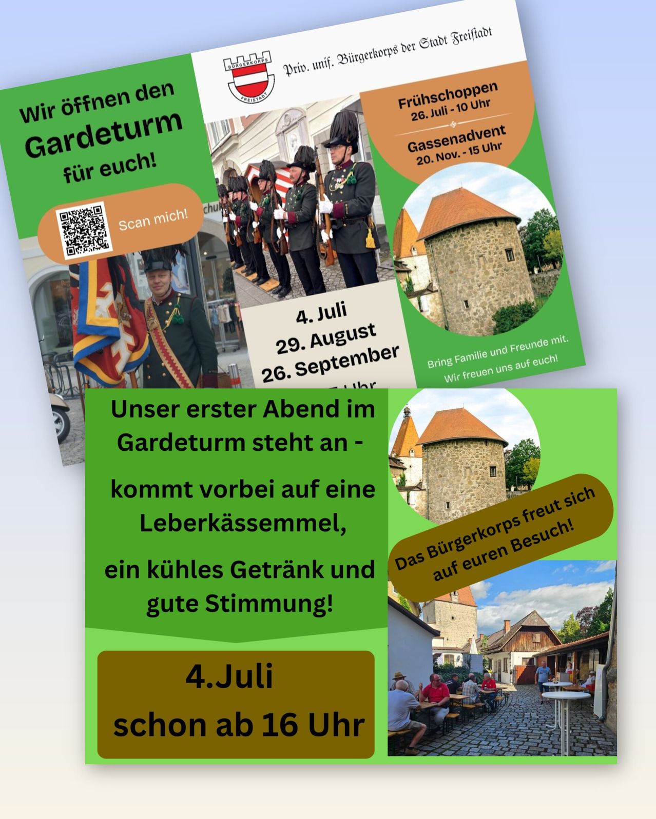 Flyer zeigt eine Veranstaltung im Gardeturm. Es zeigt Soldaten, einen Turm und einen QR-Code zum Scannen. Datum und Uhrzeit für Veranstaltungen sind aufgeführt. Die Veranstaltung beinhaltet Essen, Getränke und gute Stimmung.