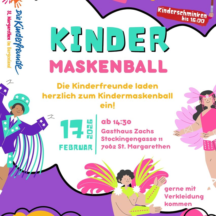 Einladung zum Kinder Maskenball am 17. Februar 2026 um 14:30 Uhr im Gasthaus Zachs. Kinder sind eingeladen, in Kostümen zu kommen.