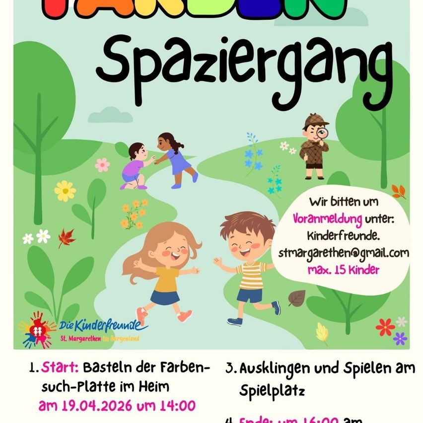 Ein Plakat für eine Kinderveranstaltung zeigt einen bunten Pfad mit spielenden Kindern, einem Jungen mit Lupe und Bäumen und Blumen. Eine Sprechblase mit Kontaktinformationen für 'Kinderfreunde'. Die Veranstaltung umfasst Malen, Erkunden und Spielen am 19. April 2026 von 14:00 bis 16:00 Uhr.