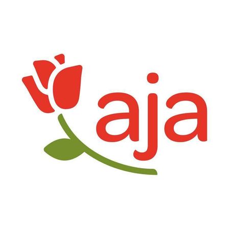 Das 'aja' Logo zeigt eine stilisierte rote Tulpe mit grünem Stiel und Blatt, neben dem Wort 'aja' in Rot, auf weißem Hintergrund.