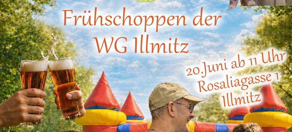 Plakat zur Eröffnung des Frühschoppens der WG Illmitz am 20. Juni. Es zeigt eine Gruppe von Menschen, die Bier halten, und einen Mann, der Gitarre spielt. Das Plakat enthält den Ort und die Zeit der Veranstaltung.