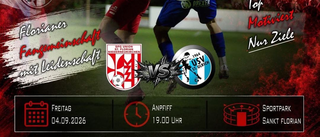 Plakat für ein Fußball-Matchday-Event zwischen zwei Teams, gesponsert von Austrodach, mit Details wie Datum, Uhrzeit und Veranstaltungsort.