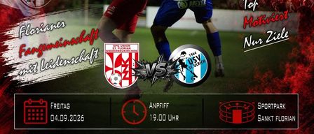 Plakat für ein Fußball-Matchday-Event zwischen zwei Teams, gesponsert von Austrodach, mit Details wie Datum, Uhrzeit und Veranstaltungsort.