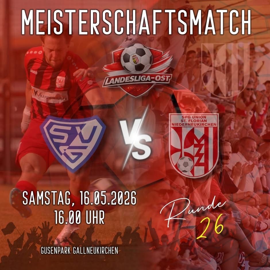 Ein Plakat kündigt ein Fußballspiel am Samstag, den 16. Mai 2026, um 16:00 Uhr an. Zwei Teams sind mit ihren Logos abgebildet, und das Publikum jubelt im Hintergrund.