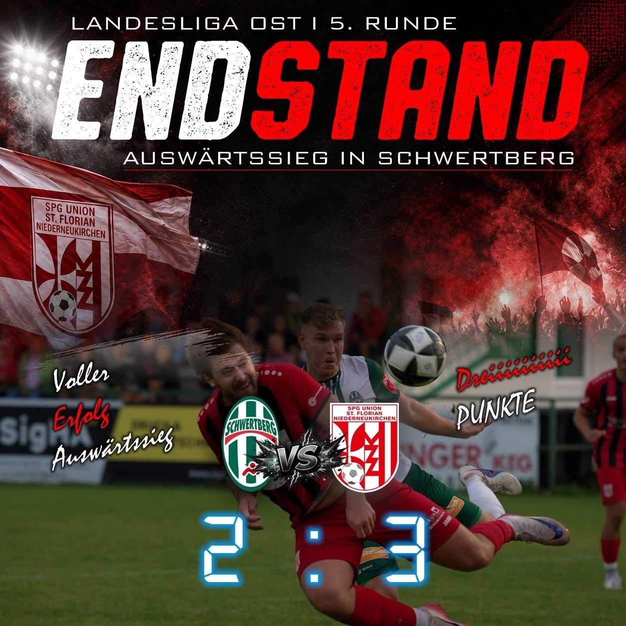Ein Fußballspiel zwischen zwei Teams, eines in Rot und das andere in Grün, mit dem Ergebnis 2-3. Das Bild zeigt eine dynamische Aktionsaufnahme mit Spielern in Bewegung, einer wehenden Fahne im Hintergrund und einer jubelnden Menge.
