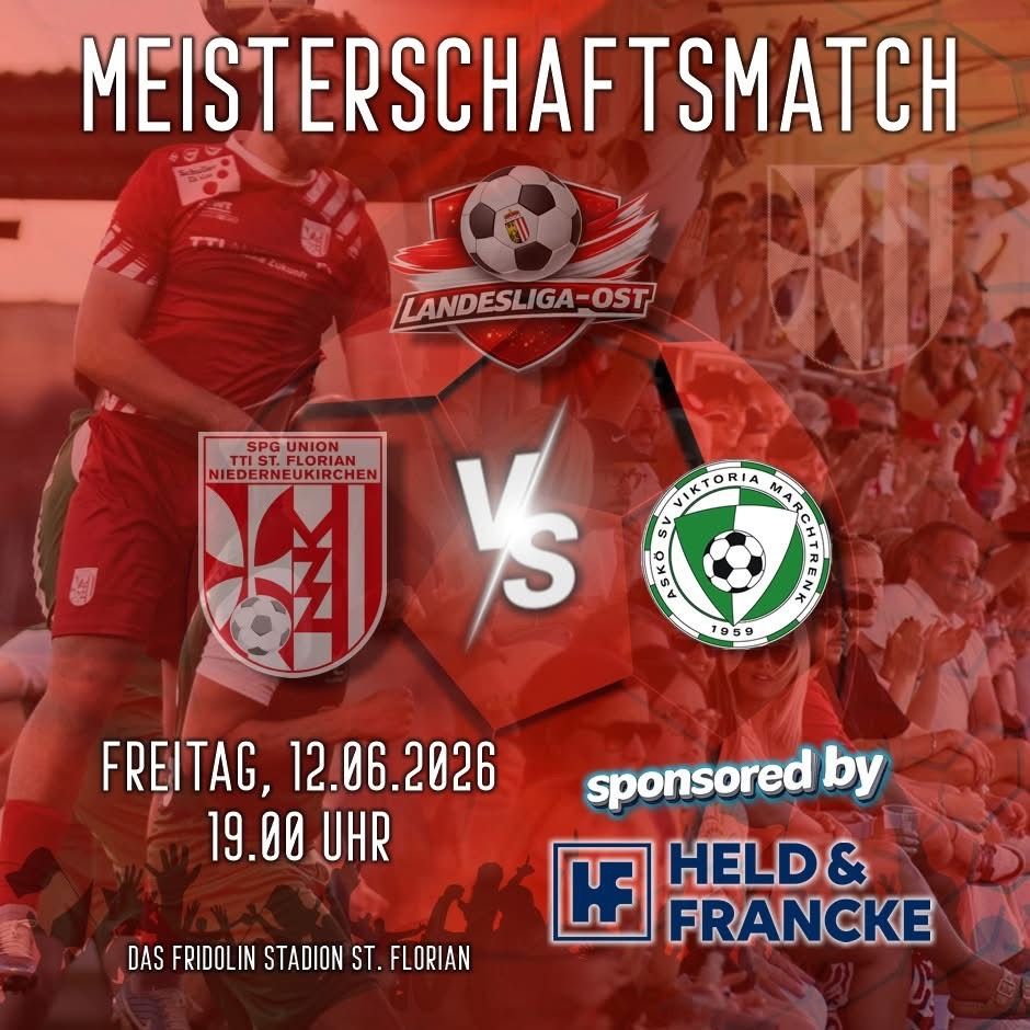 Football match poster featuring a player in red uniform with a soccer ball and crowd in the background. The event is a championship match between two teams, sponsored by HELD & FRANCK. Scheduled for Friday, June 12, 2026, at 7:00 PM.