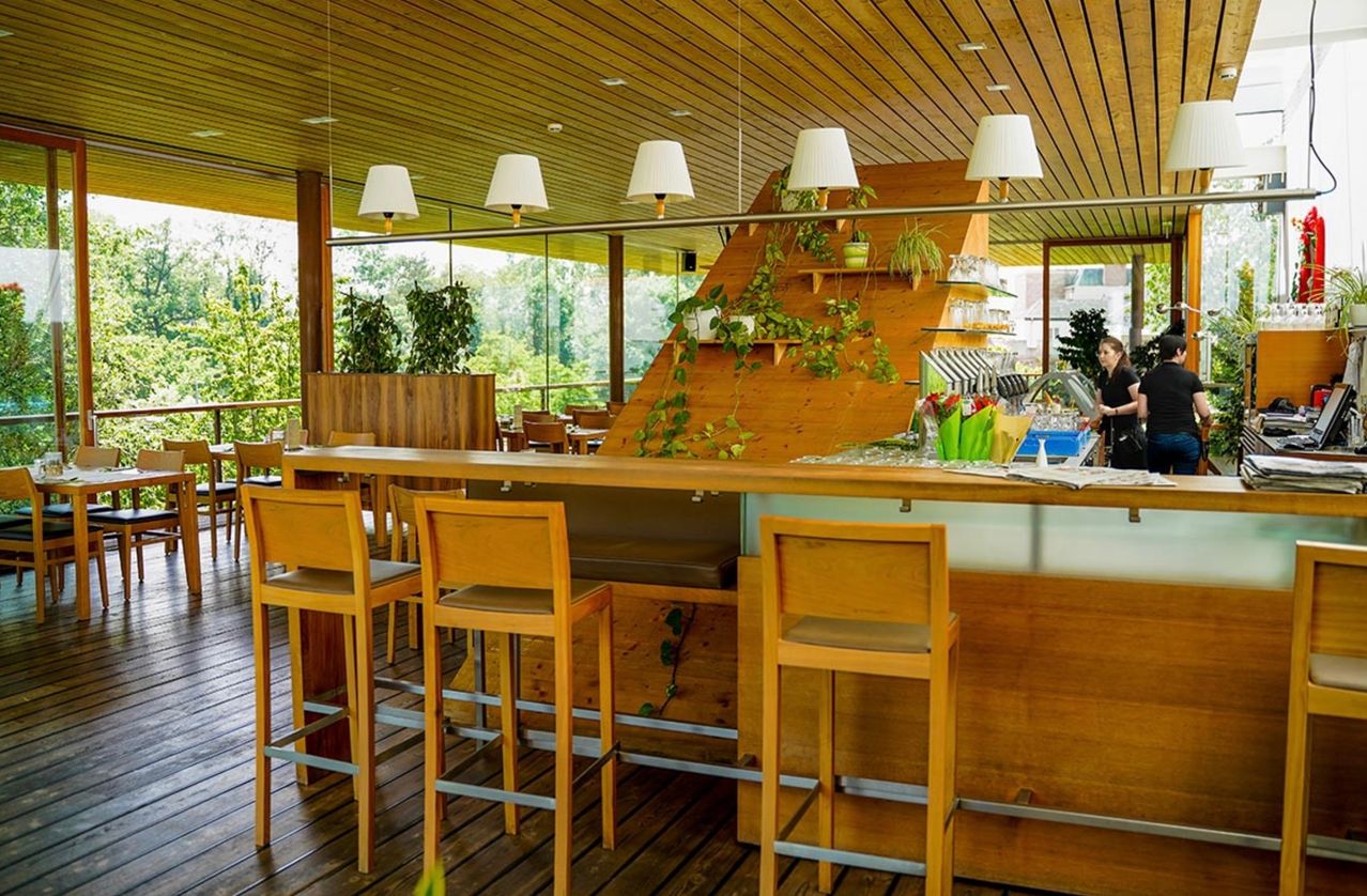 Bild enthält, Indoors, Interior Design, Wood, Hardwood, Restaurant, Person, Chair, Plant, Cafeteria, Building