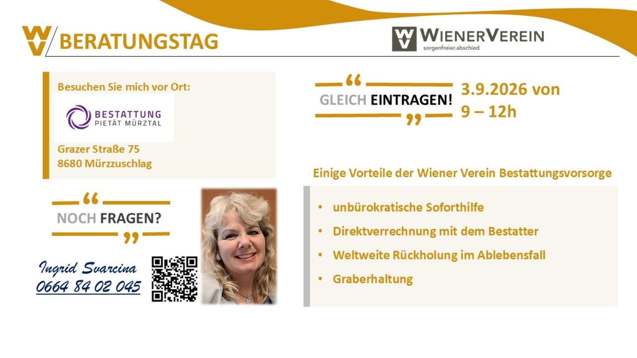 Eine Werbung für den Wiener Verein, mit einer lächelnden Frau, einem QR-Code und Vorteilen wie sofortige Hilfe, direkte Abrechnung, weltweite Unterstützung und Rentenpflege.